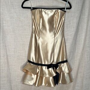 Jessica McClintock by Gunne Sax Gold Strapless Dress with Black Bow Size 1